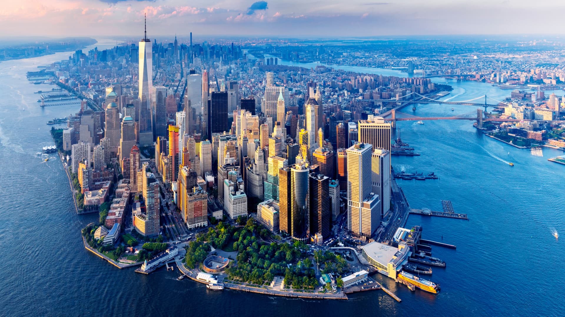 Long range shot of financial services district in New York