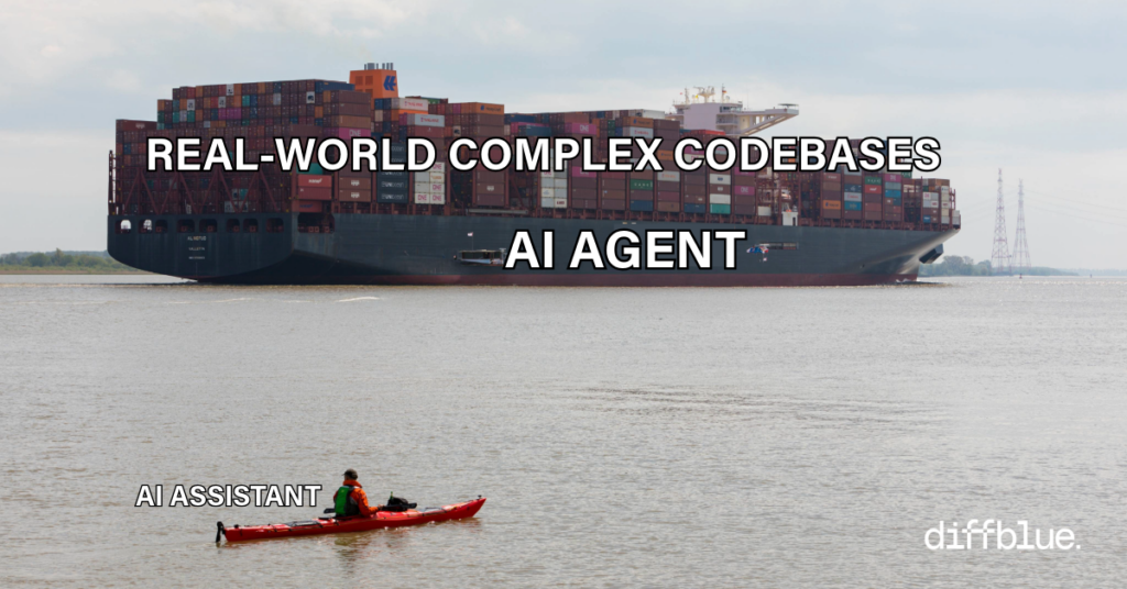 Picture of a container ship representing an AI Agent doing the heavy lifting when it comes to real-world code base development compared to a lightweight AI Assistant in the foreground.